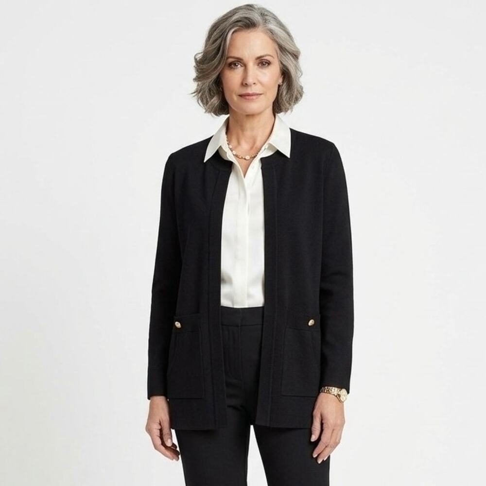EXCLUSIVELY MISOOK Women's Medium Open Knit Cardigan Jacket Black Gold Buttons